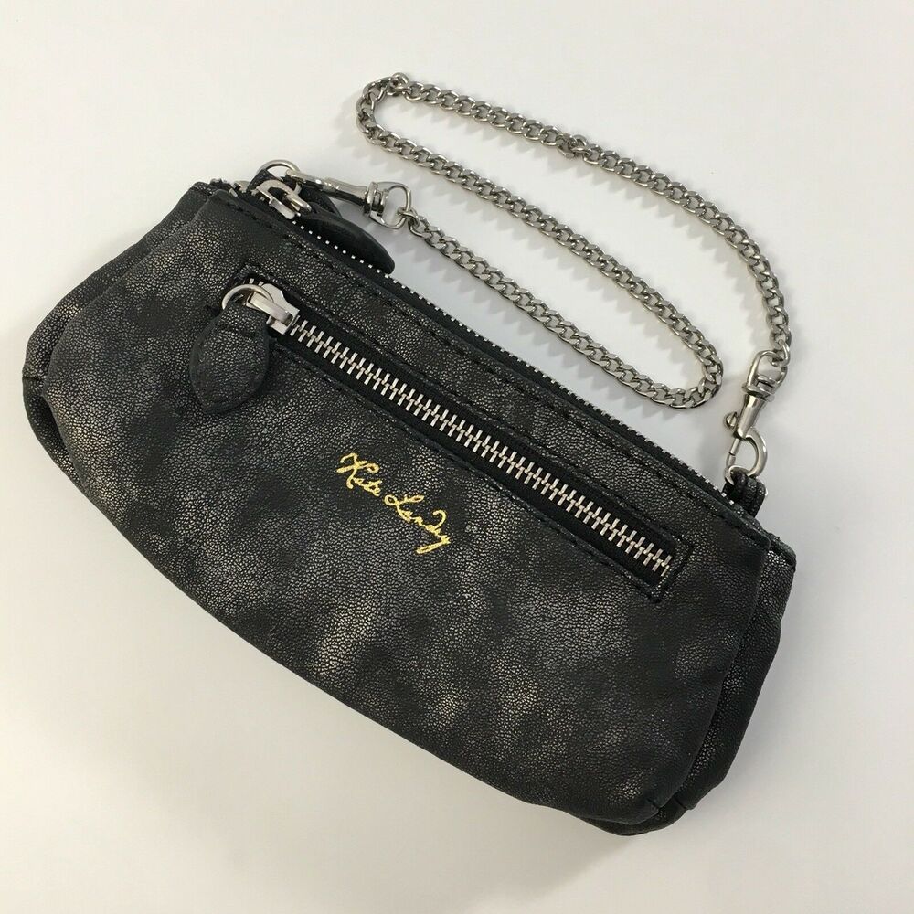 Kate Landry Wristlet Clutch Small Black/Gray/Silver Flecks Removable Chain Strap